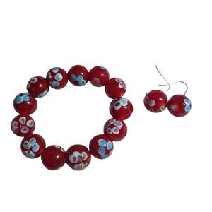 Red Murano Style Glass Beaded Stretch Bracelet & Earrings